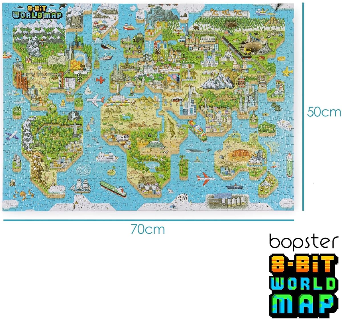 bopster 8-Bit World Map Puzzle — 1000 Pieces held in the hand