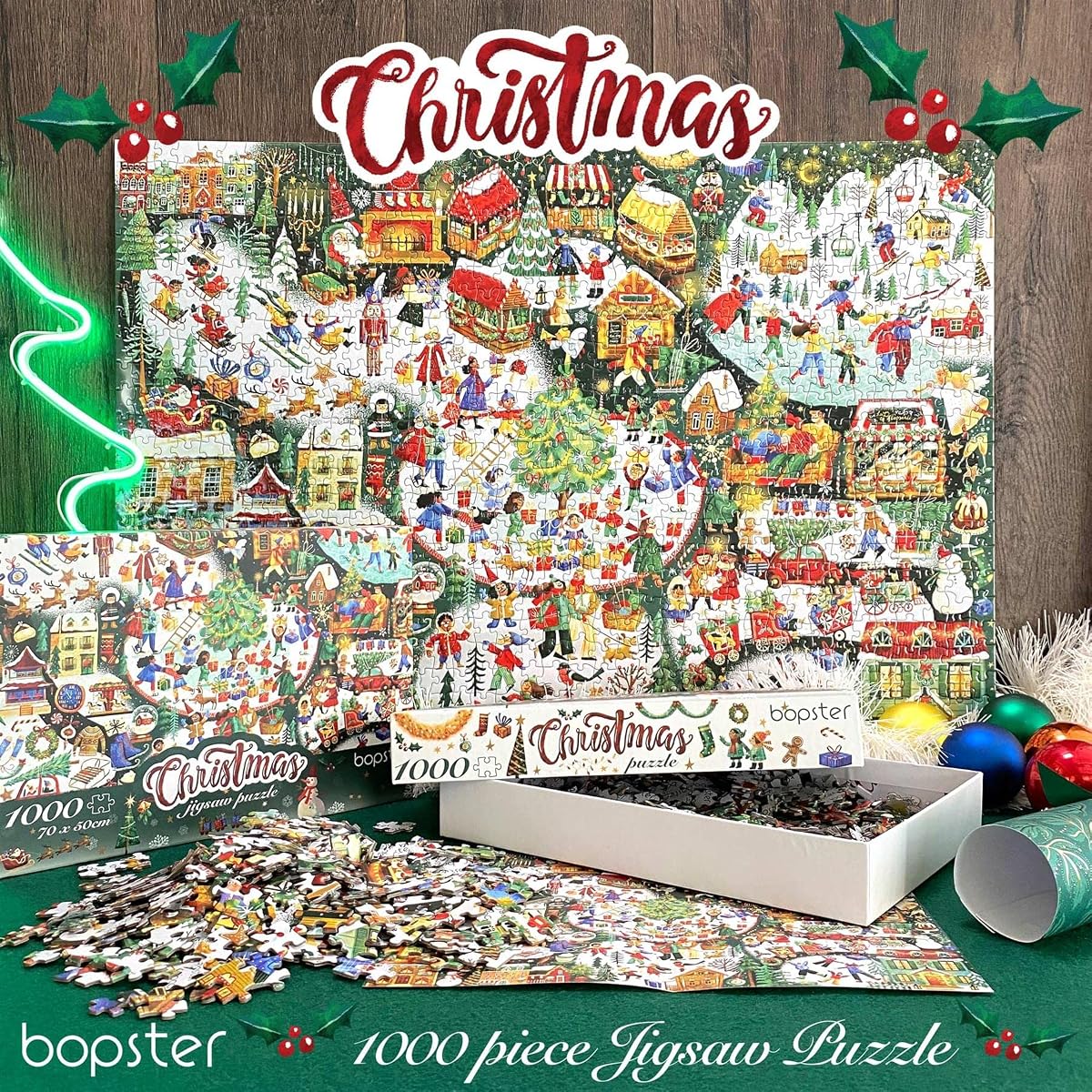 bopster Illustrated Christmas Puzzle — 1000 Pieces next to its box