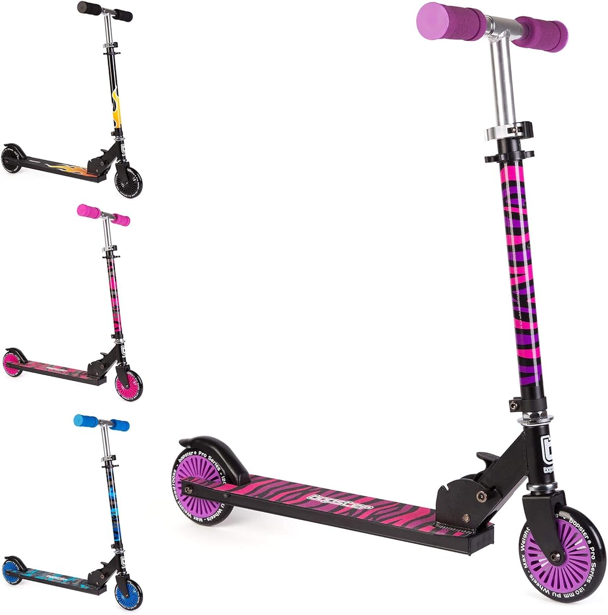 bopster Two-Wheeled Folding Scooter — Purple Zebra held in the hand