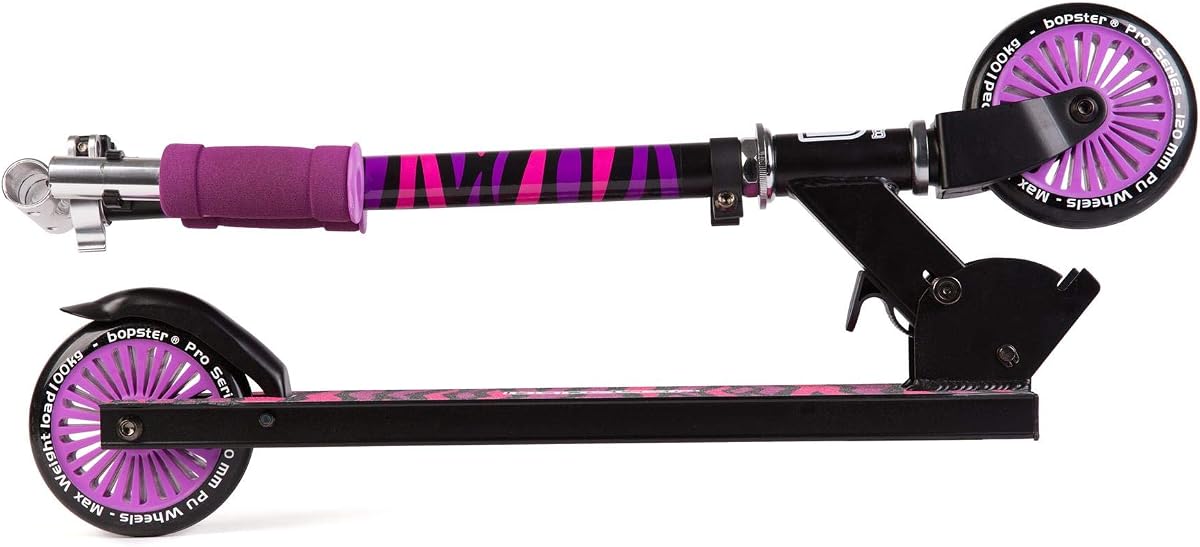 bopster Two-Wheeled Folding Scooter — Purple Zebra up close