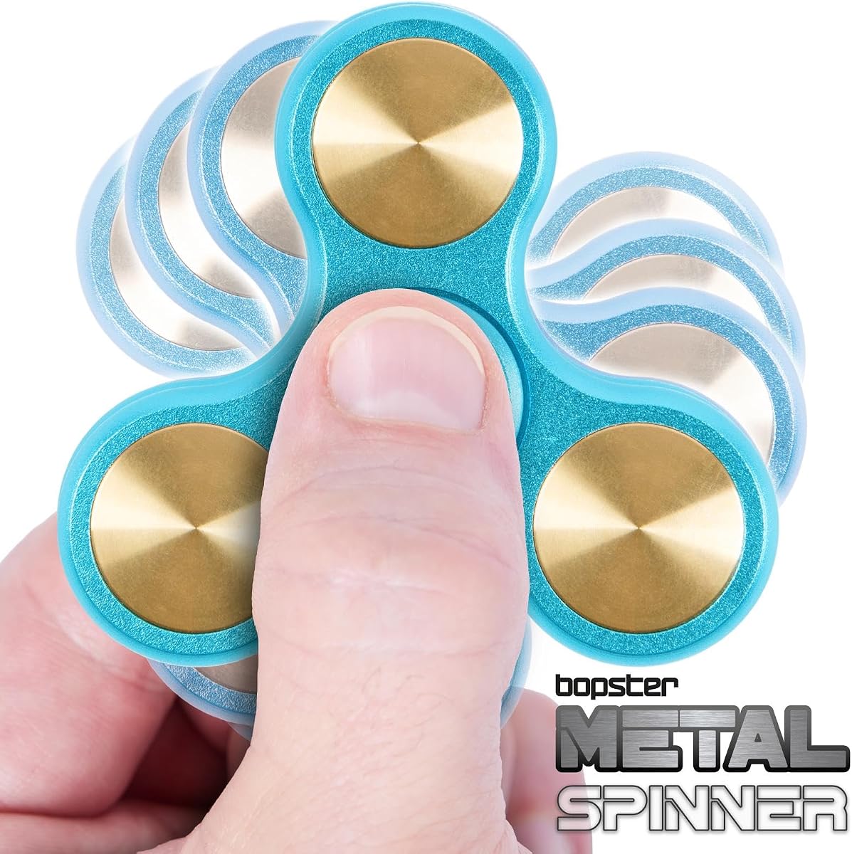 bopster Metal Tri Fidget Spinner next to its box