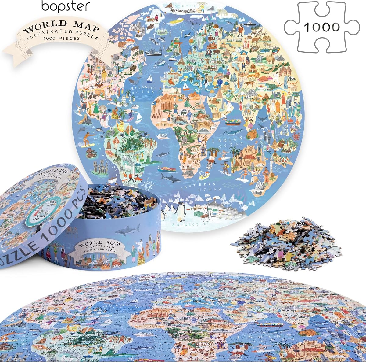 bopster Illustrated Round World Map Puzzle — 1000 Pieces from the side