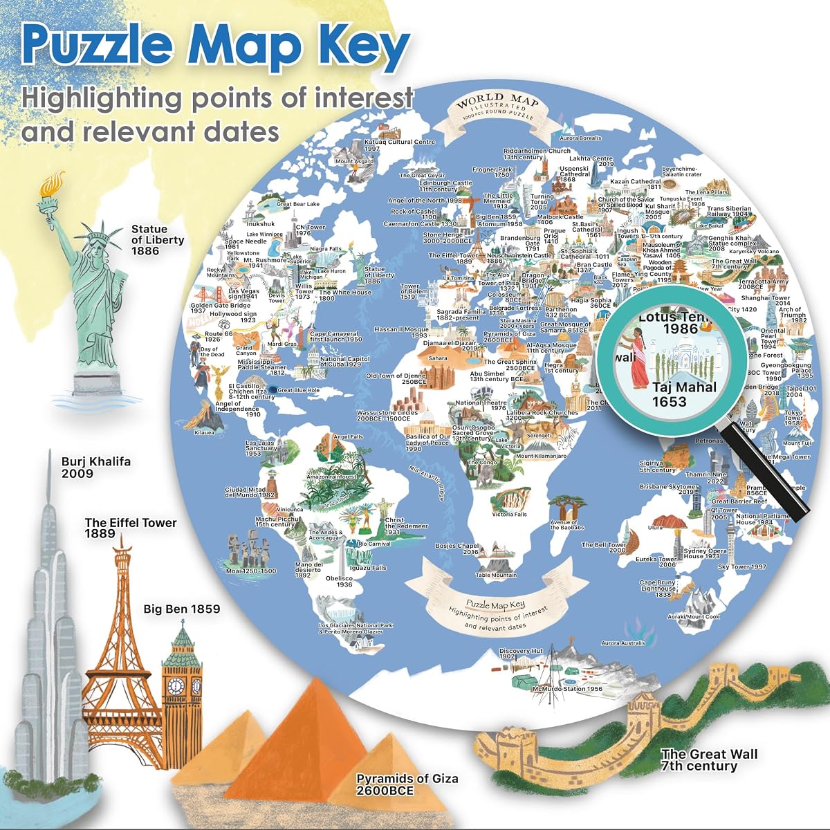 bopster Illustrated Round World Map Puzzle — 1000 Pieces next to its box