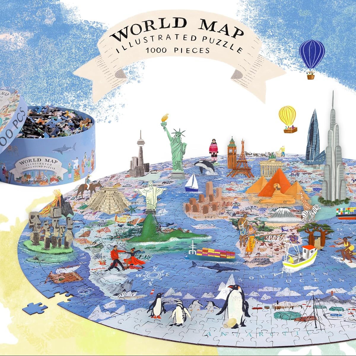 bopster Illustrated Round World Map Puzzle — 1000 Pieces held in the hand