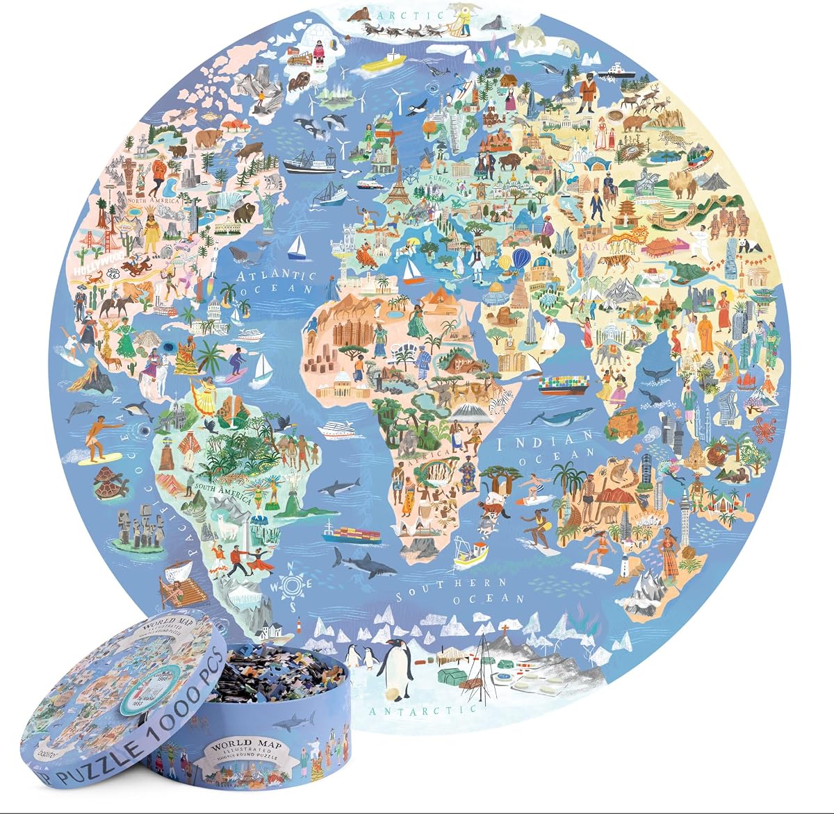bopster Illustrated Round World Map Puzzle — 1000 Pieces