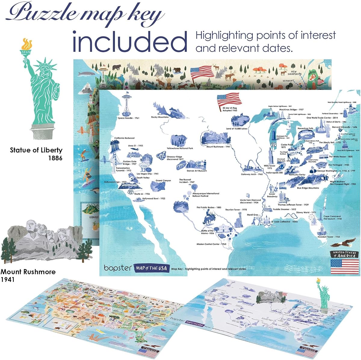 bopster Illustrated USA Map Puzzle — 1000 Pieces held in the hand